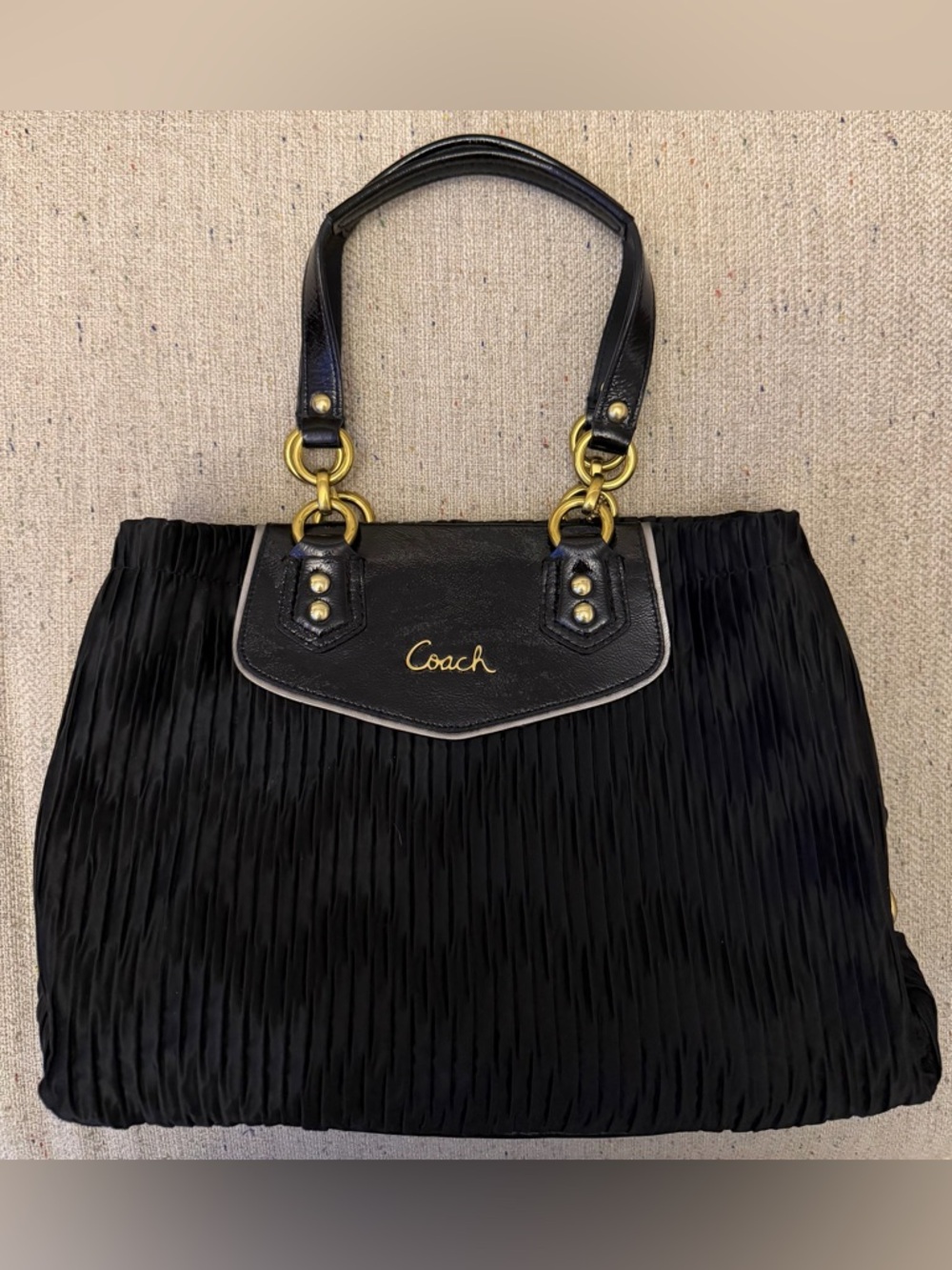 Coach Black Pleated Shoulder Tote with Gold Accents
